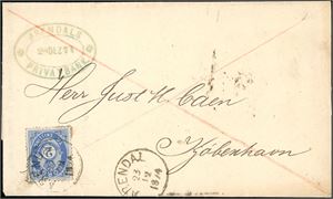 17 c. 2 skillings porto til Danmark. 2 skilling Posthorn på komplett trykksak til Kjøbenhavn, stemplet "Arendal 23.12.1874". Ankomststempel på baksiden.