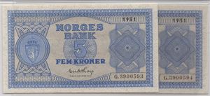 5 kroner 1951 G. i serie. Kv.0