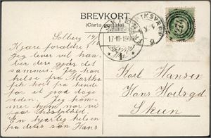 76. 5 øre Posthorn på postkort, anert med 4-rings "274" (Brunlanes, VF, brukt på ruten Fredriksværn-Nevlunghavn) og ved siden stemplet "Frederiksværn 14.10.19" samt ankomststempel "Skien 17.10.19".