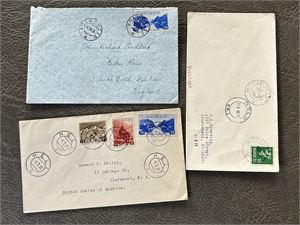 3 pene brev til England/USA stemplet "HELL 6-7-38", "KOLVEREID 12 VII 46" og "D/S TURISTEN" sidestemplet "OSLO BR 1 21 6 48"