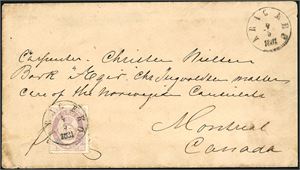 28. 25 øres porto til Canada. 25 øre skravert Posthorn på konvolutt til Montreal, stemplet "Kragerø 4.5.1881". Ankomststemplet "Montreal May 21 81" på baksiden.