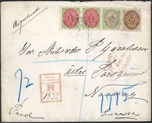 3,10,11. DWI. 17 cent postage to Norway. Two 1 c (print VII), one 5 c (print V) and one 10 c on registered envelope to Porsgrunn, cancelled "St. Thomas" in 1873. Arrival cds "Porsgrund 11.3.93" at reverse. Both 1 c and the 5 c with inverted frame.