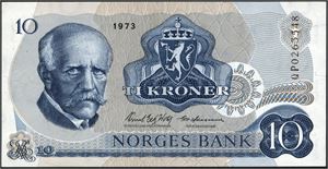 10 kroner 1973, serie QP 0263548. Erstatningsseddel. Svak midtbrett. 01