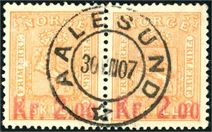 87 II. 2 kr Provisorie 1905 i horisontalt par, vakkert stemplet "Aalesund 30.8.07".