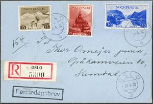 217/19. Turistmerker med vannmerke på rekommandert konvolutt, stemplet "Oslo 20.4.38".
