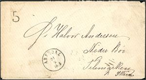 Ufrankert konvolutt, stemplet "Arendal 22.9.1875" og ved siden påstemlet portotall "5". Baksiden bl.a. stemplet "Skien".