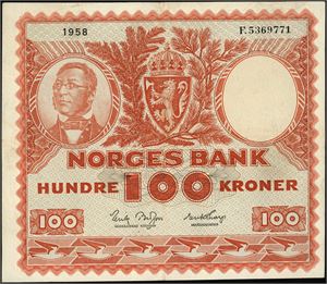 100 kroner 1958, serie F.5369771. 1-