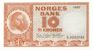 10 kroner 1957 Z.0223549 erstatningsseddel. Kv.0/01