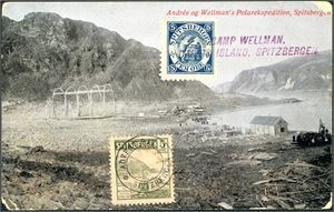 Spitsbergen E 12,E 21. 5 øre Spitsbergen-label on the front of a postcard cancelled "Camp Wellman, Danes Island Spitzbergen". Also a 5 øre green label, with privat stamps "Advent Bay Spitzbergen. The postcard with some slightly worn corners.