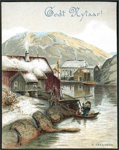 Ca 290 Jule-/nyttår- og kunstnerkort i album. Fra ca 1900 til 1960. De fleste er norske. Av de utenlandske er det noen svenske Jenny Nystrøm-kort.