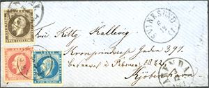 3,4,5. 15 skillings porto til Danmark. 3-, 4- og 8 skilling Oscar på konvoluttt til Kjøbenhavn, stemplet "Arendal 3.12.1861" og ved siden "Svinesund 6.12.1861". Ankomststempel samt signatur FCM på baksiden. 3 skillingen er noe mørk i fargen pga. oksydering.