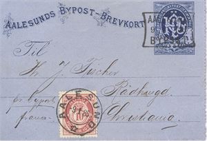 Aalesund Kortbrev stemplet Aalesund bypost og påført "Pr. bypost franco" oppfrankert med 10ø stolpemerke stemplet Aalesund 9-I--85 sendt til Christiania.  Uvanlig sak!!