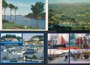 FARSUND 4 storformat fargekort, et sendt til England 1969, de andre ubrukte