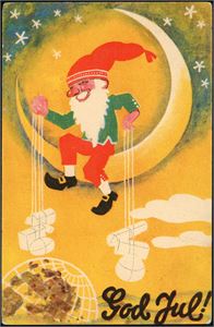 Spange. Nisse sitter på månen. Brukt i 1934/35. Liten hjørnebrekk. K-2