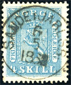 8 I. 4 skill, fullstemplet "Sande i Jarlsb: 6.5.1865" (VF).