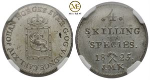 4 skilling 1825 Carl XIV Johan. Gradert til MS64 hos NGC. Kv.0