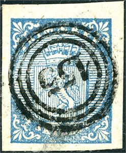 1. 4 skilling våpen 1855, anert med nummerstempel "155" (Kobbervig, RO). Tre gode marger, normal nede.