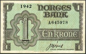 1 krone London, serie A 645978. Bl.a. noen mindre meget svake brune flekker. 1-