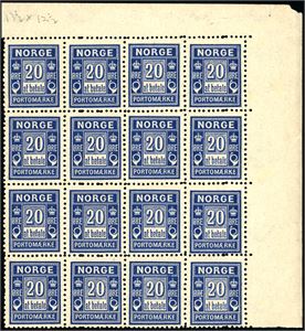 P 6 Y. 20 øre "at betale" tagget 13 1/2*12 1/2 i vertikal 16-blokk.