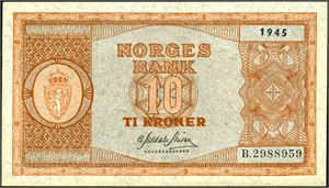 10 kroner 1945, serie B.2988959. 0/01