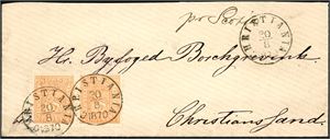 12. 2 skill 2 i horisontalt par på konvolutt, stemplet "Christiania 30.8.1870" og sendt til Christianssand.