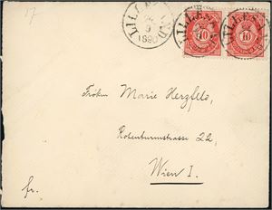 53 IV. 20 øres porto til Østerrike. 20 øre 20 mm i horisontalt par på konvolutt til Wien, stemplet "Lillesand 24.9.1890". Ankomststempel på baksiden.