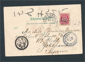 Nk 77 I på kort til Yokohama, Japan stemplet "HOLMENKOLLEN 9 I 99". Flere ankomststempler