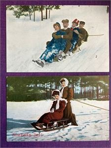 2 brukte julekort med folk og kjelker - N.K. No 2387 og Kuenholdt nor.41
