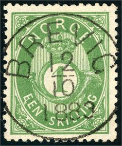 16 IIa. 1 skilling Posthorn, rettvendt fullstemplet "Brevig 12.10.1883".