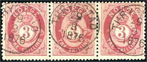 18 c. 3 skilling Posthorn i horisontal 3-stripe, pent stemplet "Thrygstad 29.9.1876".