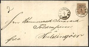 10. 24 skillings porto til Danmark. 24 skill på komplett dobbeltvektig brev til Helsingøer, stemplet "Sandøsund 4.7.1865". Baksiden med "Sandøsund" samt ankomststempel.
