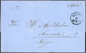 Komplett brev, stemplet "Luleå 29.8.1864" (Sverige) og sendt til Arendal. Porto "8" skilling er påskrevet baksiden.