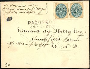 7. DWI. 8 c postage to USA. To 4 c bicolored on envelope to Springfield, cancelled "Paquebot ". Arrival postmark "Springfield Mass. Jun 4 1902" at reverse.