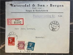 Rek-brev i postoppkrav stmpl. Bergen i 1931- med innhold