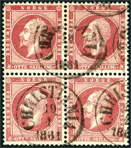 5. 8 skilling Oscar i 4-blokk, stemplet "Christiania 19.1.1861". Nedre venstre hjørnetagg med brekk, samt to halve tagger.