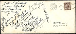 One 1 1/2d UK stamps on envelope, cancelled "Plymouth Devon Jul 27 1931". On the left part are signatures from 16 crew members of the Trans Artic Nautilus Submarine7/27/32 heaving England for Norway".