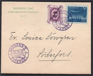 SVERIGE 1937 JubileumsFlygpost och Barnens Dag 1912 "Silverjubléet 1937" påtryck på litet inrikesbrev