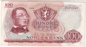 100 kroner 1966 X.0577343 erstatningsseddel. Kv.01