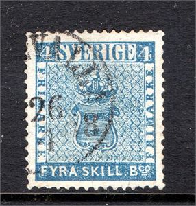 F2 l grönaktigt blå stämplad Uddevalla 26.4.1858.  Prövningsbevis Sjöman "vackert exemplar". (F 1 500:-)