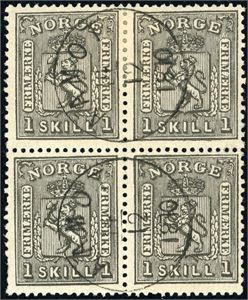 11. 1 skill 1 i 4-blokk, vakkert stemplet "Aamodt 11.12.1870". Nedre, venstre merke med et par korte tagger i siden.