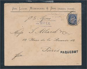 SKIP Nk 79 på flott paquebot-brev. Logo fra Bergen, stemplet "HULL NOV 12 00" og sendt til Paris. Påskrevet "S/S Spero" og "via Hull". Litt aldersflekker, men et meget interessant objekt