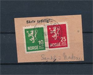 Klipp med Nk 141 og 146 stemplet "SANDÅ I NEDENES 26 XI 28". Meget sjeldent stempel, grad 9