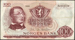 100 kr 1965, serie Z 0503738. Erstatningsseddel. 1-