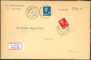 145,154. 20 øre- og 60 øre Løve II på bankokonvolutt (Kr 293,95), annullert med hjelpestempel "Å i Lofoten 2.3.36" (NO).