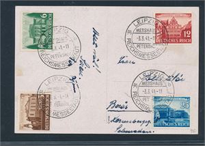 REICH-POSTKORT Messekort med Mi 764-67 stemplet "LEIPZIG 3.3.41" til Sverige. Foto begge sider