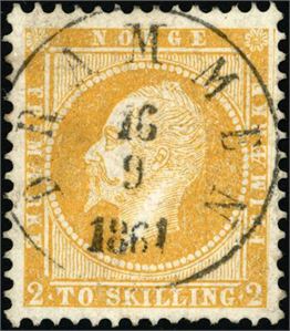 2. 2 skilling Oscar, rettvendt stemplet "Drammen 16.9.1861".