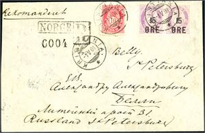 77,92. 40 øres porto til Russland. 10 øre Posthorn og to 15 øre Provisorie på konvolutt, stemplet "Kristiania 1.5.08" og sendt rekommandert til St. Petersburg. "Bureau Reexp. De Christiania" og ankomststempel på baksiden. Konvolutten er minimalt beklippet i venstre side.