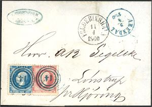 4,5. 12 skillings porto til Danmark. 4 skilling- og 8 skilling Oscar på brevomslag til Hjørring, annullert med nummerstempel "14" i blått og ved siden stemplet "Arendal 9.4.1860" og Frederikshavn 11.4.1860". Ankomststempel på baksiden.
