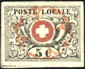 2a. Switzerland.5 c Waadt with postmark in red. Very fine. Certificate Eichele (2014). (€ 1.600).