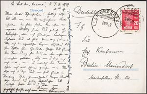 174. 20 øre Abel på postkort, annullert med hjelpestempel "Loen i Nordfjord 8.8.29".